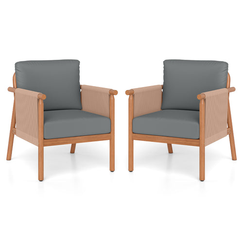 Acacia Wood Patio Chair Set, 2 Chairs, Woven Rope Armrests, Gray