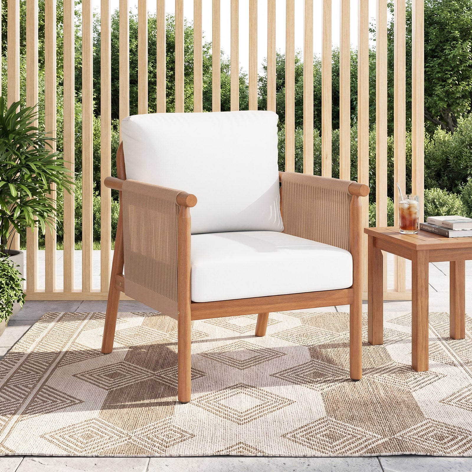 Acacia Wood Chair Set, 2 Pieces, With Rope Armrests And Cushions, White Patio Dining Chairs at Gallery Canada