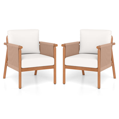 Acacia Wood Chair Set, 2 Pieces, With Rope Armrests And Cushions, White Patio Dining Chairs White at Gallery Canada