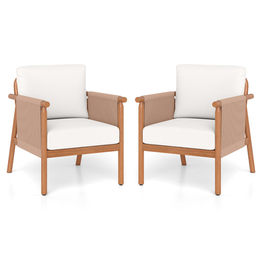 Acacia Wood Chair Set, 2 Pieces, With Rope Armrests And Cushions, White Patio Dining Chairs White at Gallery Canada