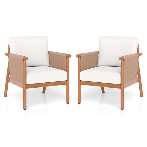 Acacia Wood Chair Set, 2 Pieces, With Rope Armrests And Cushions, White