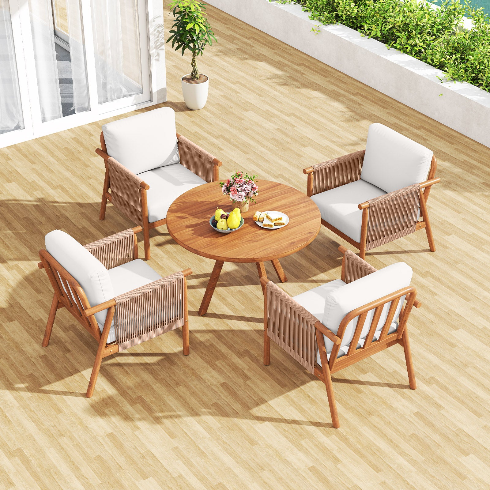 Acacia Wood Chair Set, 2 Pieces, With Rope Armrests And Cushions, White Patio Dining Chairs at Gallery Canada