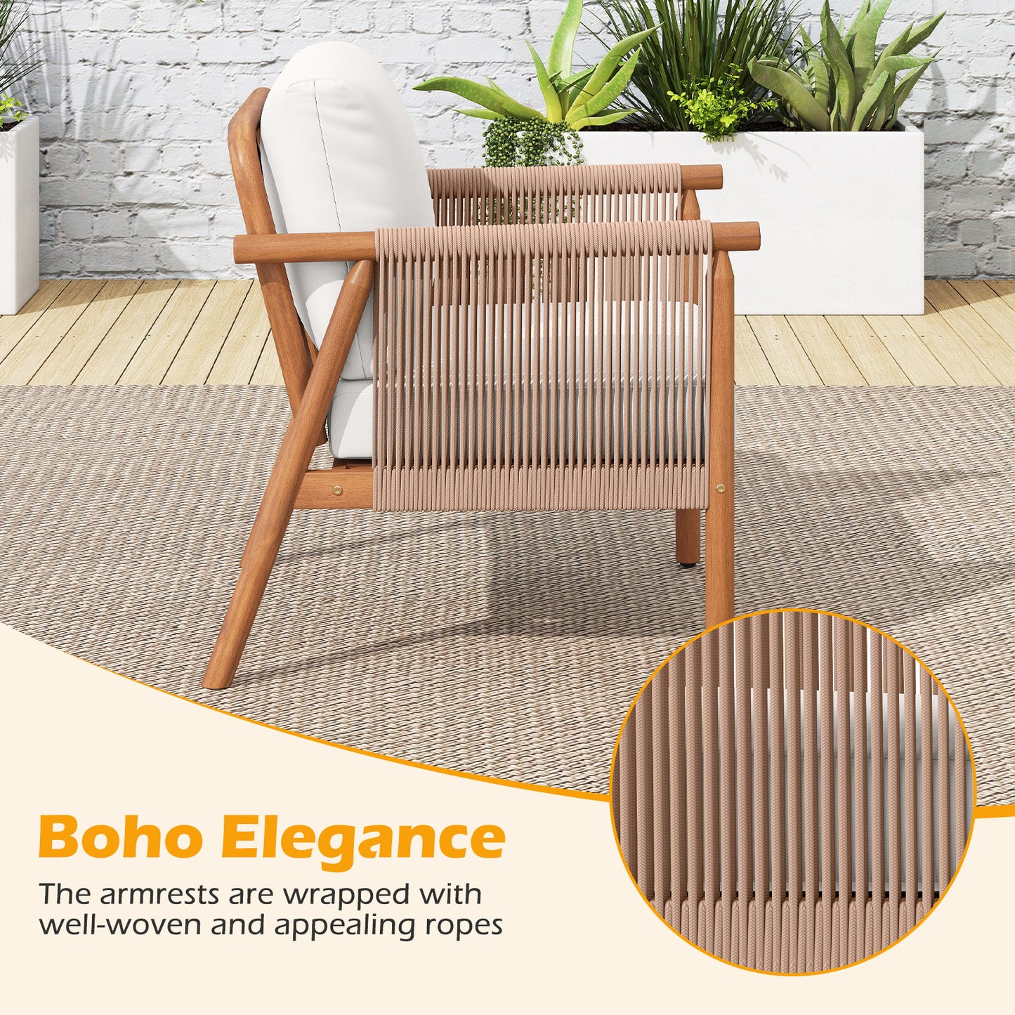 Acacia Wood Chair Set, 2 Pieces, With Rope Armrests And Cushions, White Patio Dining Chairs at Gallery Canada