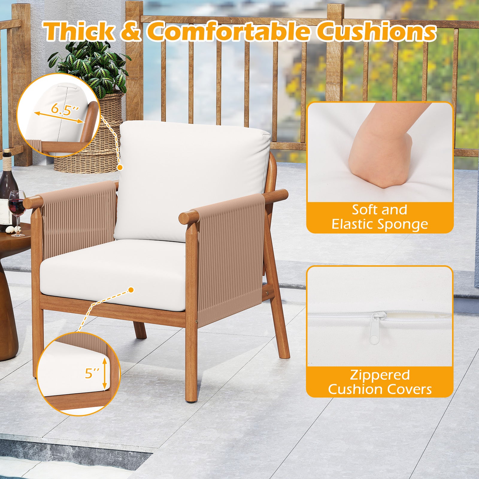 Acacia Wood Chair Set, 2 Pieces, With Rope Armrests And Cushions, White Patio Dining Chairs at Gallery Canada