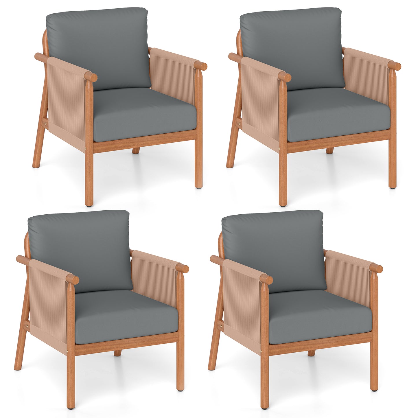 Acacia Wood Chair Set Of 4, With Woven Rope Armrests And Cushions, Gray Patio Dining Chairs Gray at Gallery Canada