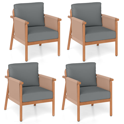 Acacia Wood Chair Set Of 4, With Woven Rope Armrests And Cushions, Gray