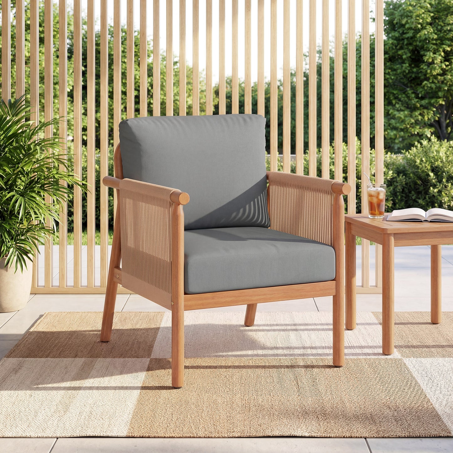 Acacia Wood Chair Set Of 4, With Woven Rope Armrests And Cushions, Gray Patio Dining Chairs at Gallery Canada