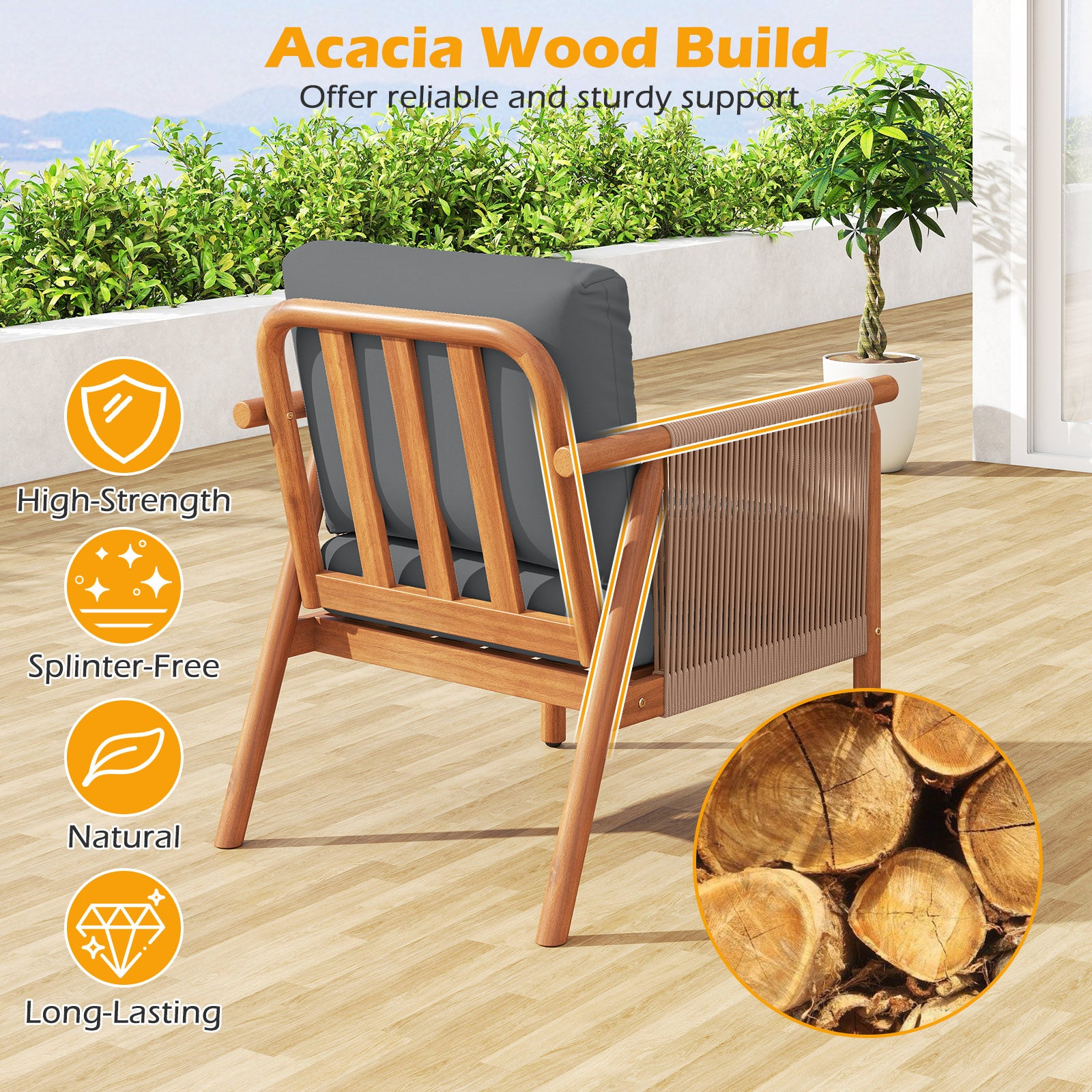 Acacia Wood Chair Set Of 4, With Woven Rope Armrests And Cushions, Gray Patio Dining Chairs at Gallery Canada