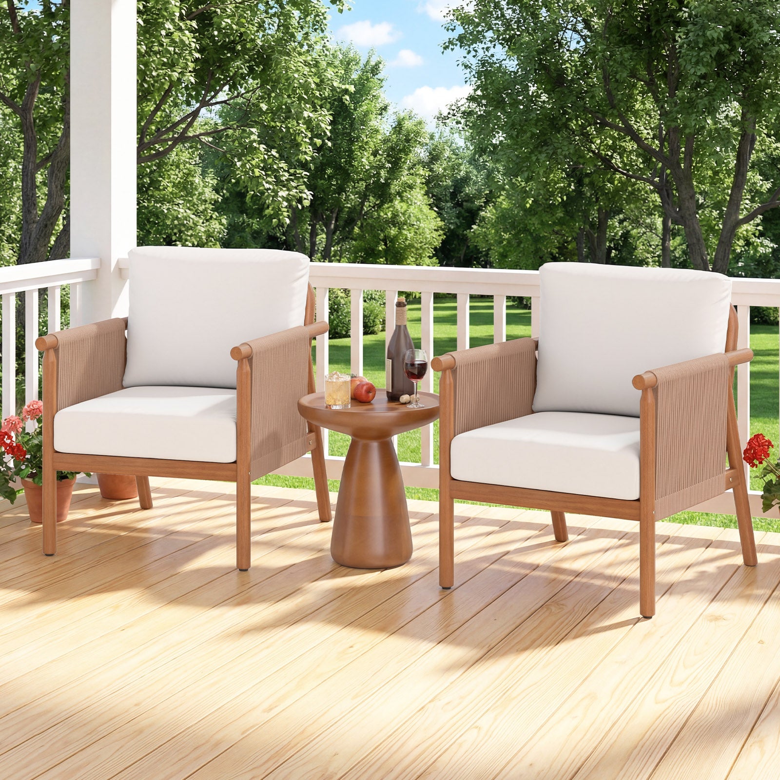 Acacia Wood Chair Set, 4 Piece, With Rope Armrests And Cushions, White Patio Dining Chairs at Gallery Canada