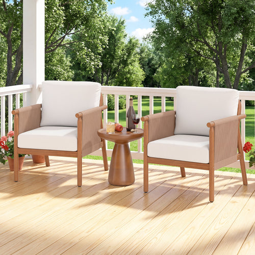 Acacia Wood Chair Set, 4 Piece, With Rope Armrests And Cushions, White