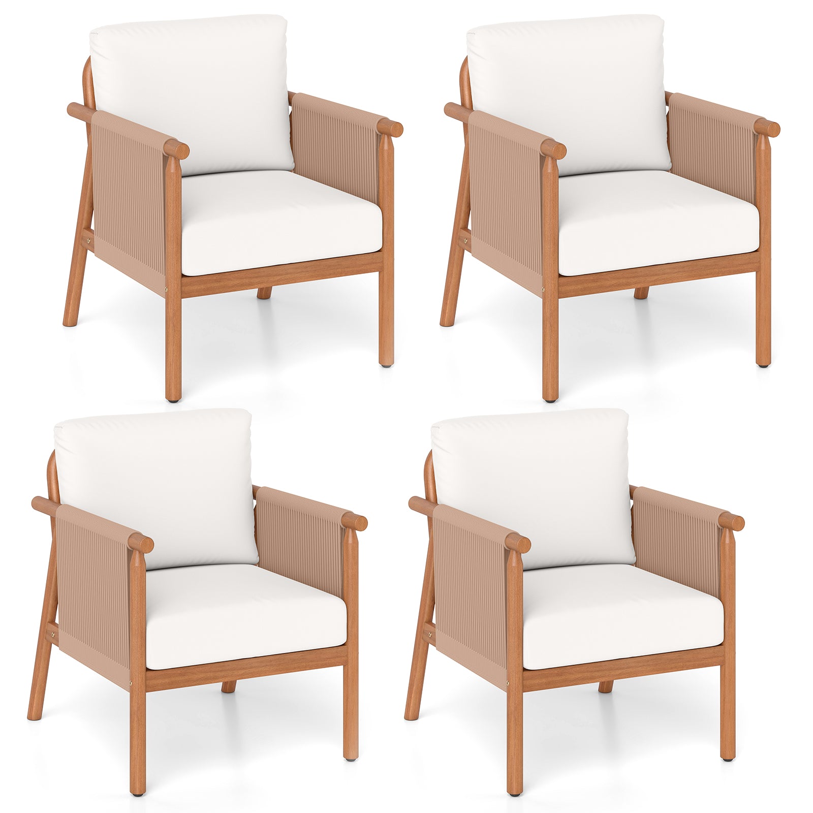 Acacia Wood Chair Set, 4 Piece, With Rope Armrests And Cushions, White Patio Dining Chairs White at Gallery Canada