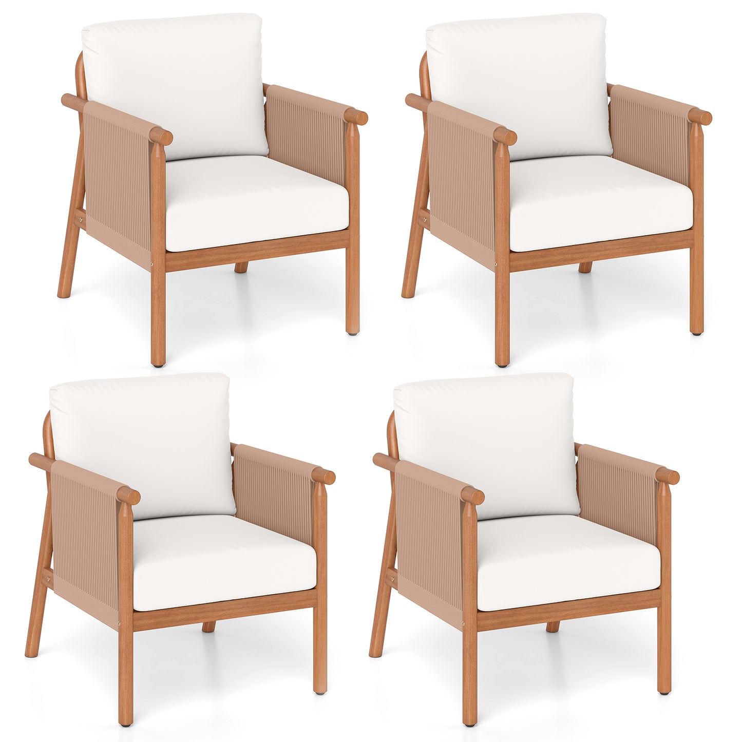 Acacia Wood Chair Set, 4 Piece, With Rope Armrests And Cushions, White Patio Dining Chairs White at Gallery Canada