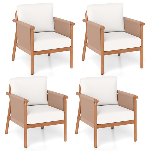 Acacia Wood Chair Set, 4 Piece, With Rope Armrests And Cushions, White