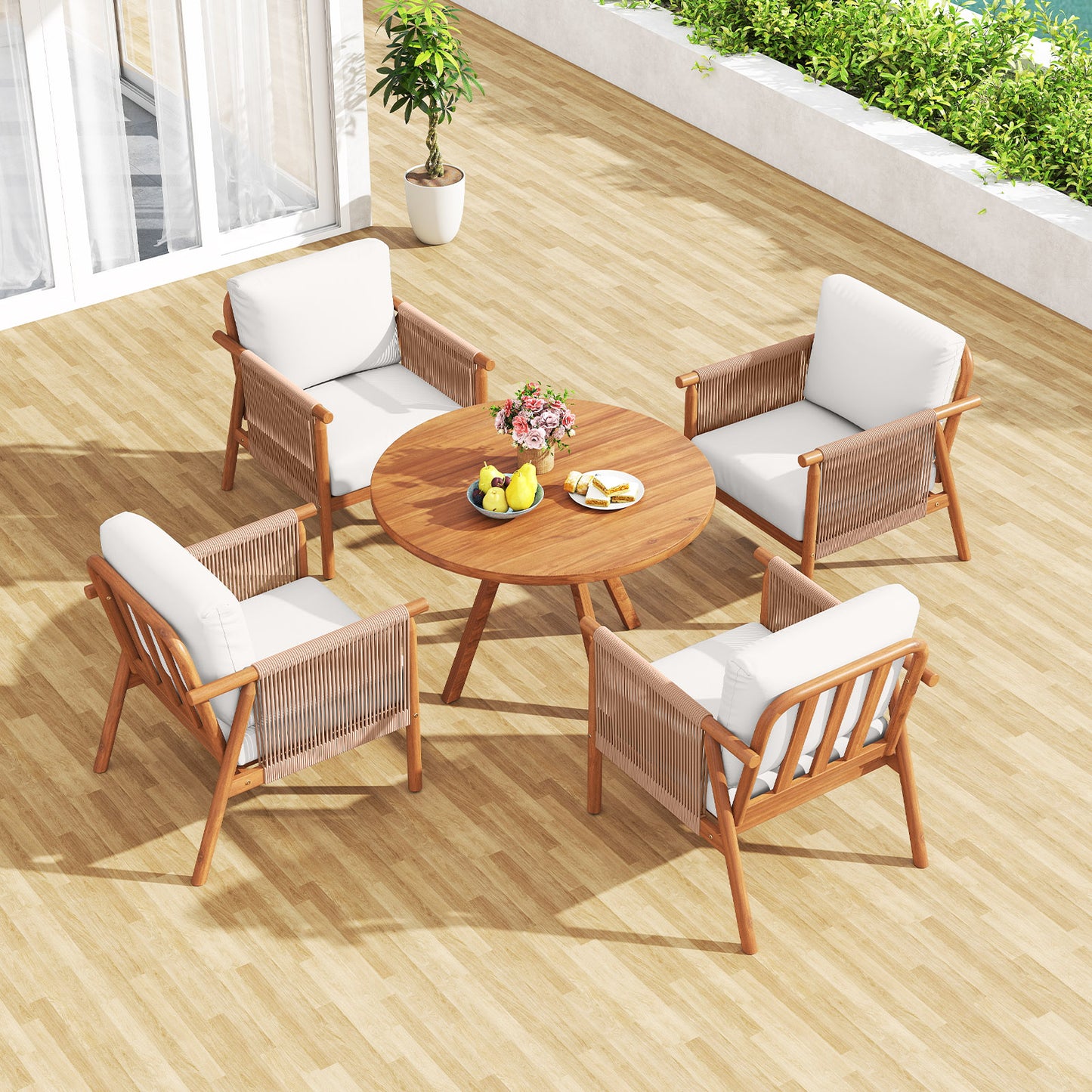 Acacia Wood Chair Set, 4 Piece, With Rope Armrests And Cushions, White Patio Dining Chairs at Gallery Canada