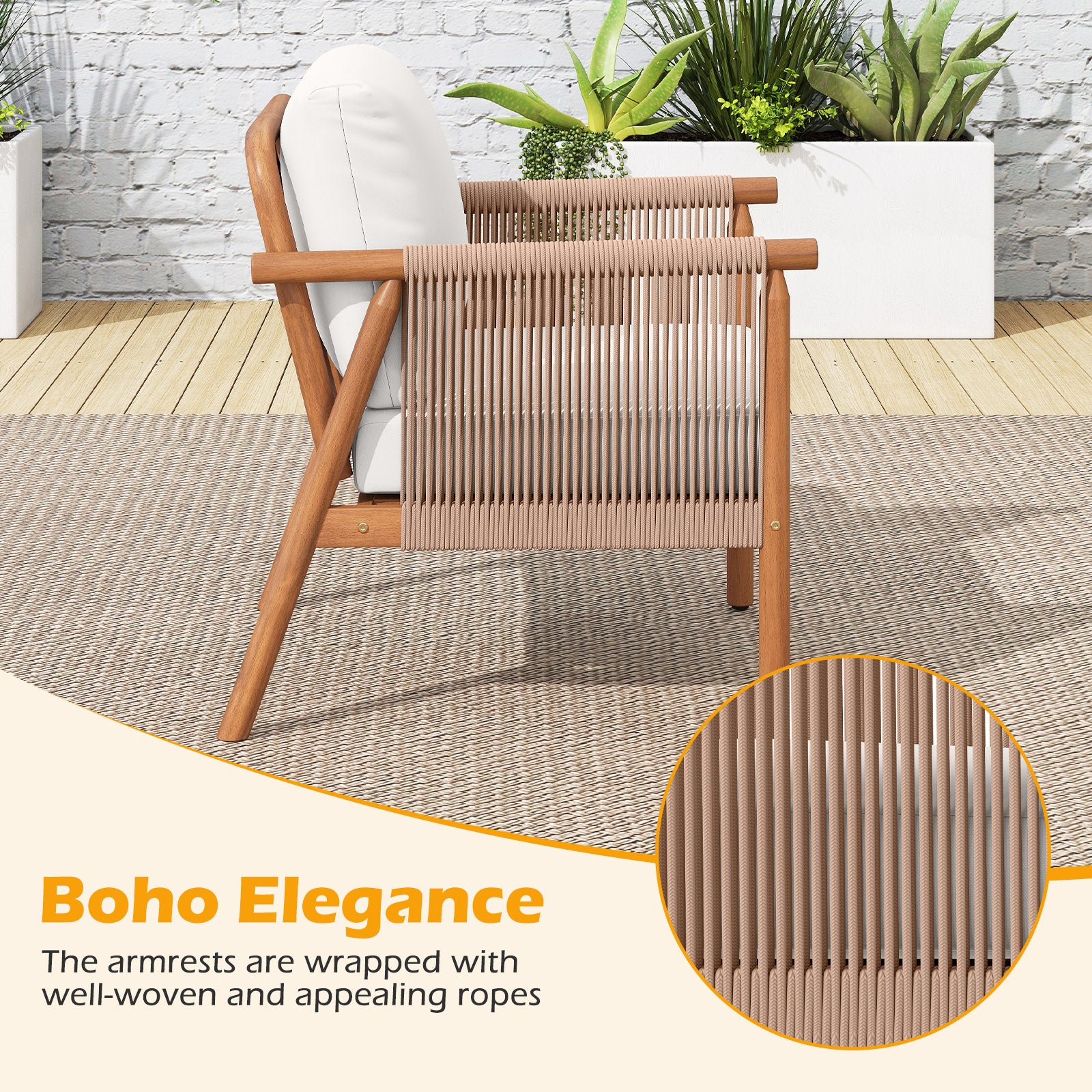 Acacia Wood Chair Set, 4 Piece, With Rope Armrests And Cushions, White Patio Dining Chairs at Gallery Canada