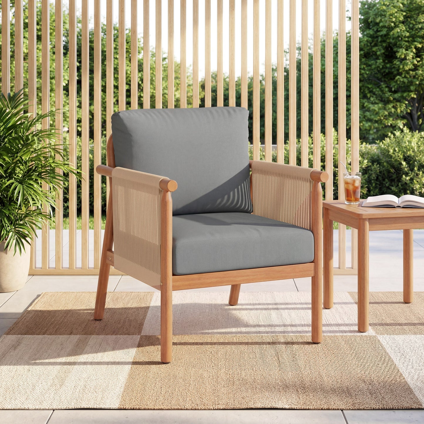 Acacia Wood Patio Chair, Woven Rope Armrests, With Cushions, Gray Patio Dining Chairs at Gallery Canada