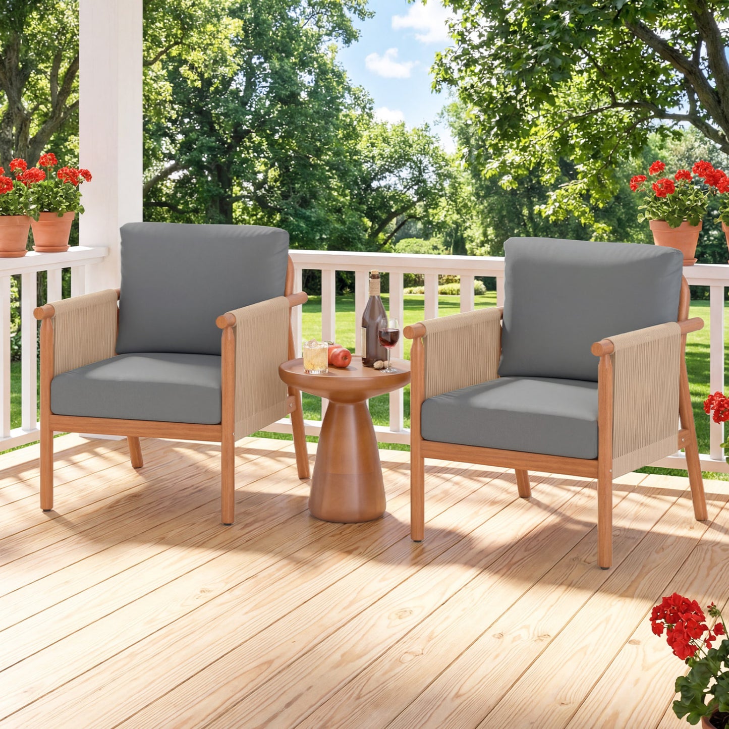 Acacia Wood Patio Chair, Woven Rope Armrests, With Cushions, Gray Patio Dining Chairs at Gallery Canada