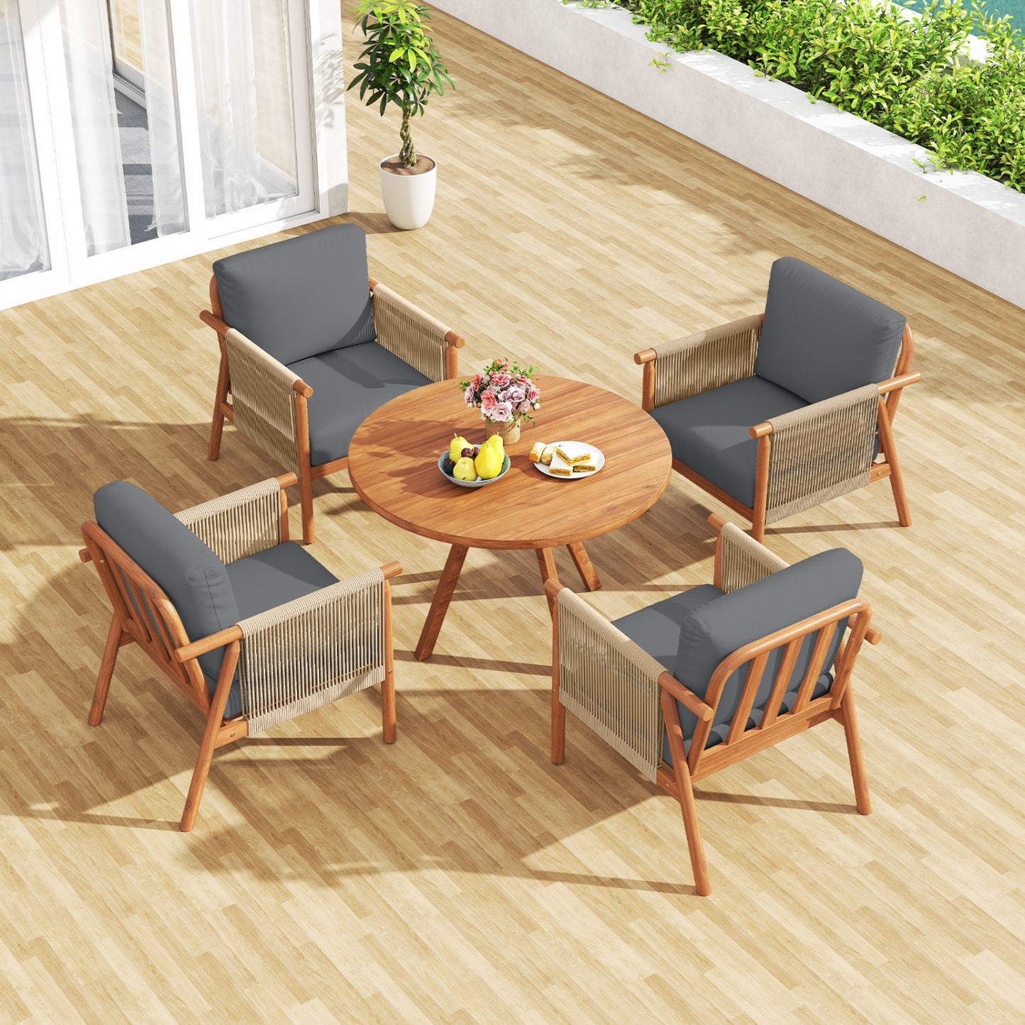 Acacia Wood Patio Chair, Woven Rope Armrests, With Cushions, Gray Patio Dining Chairs at Gallery Canada