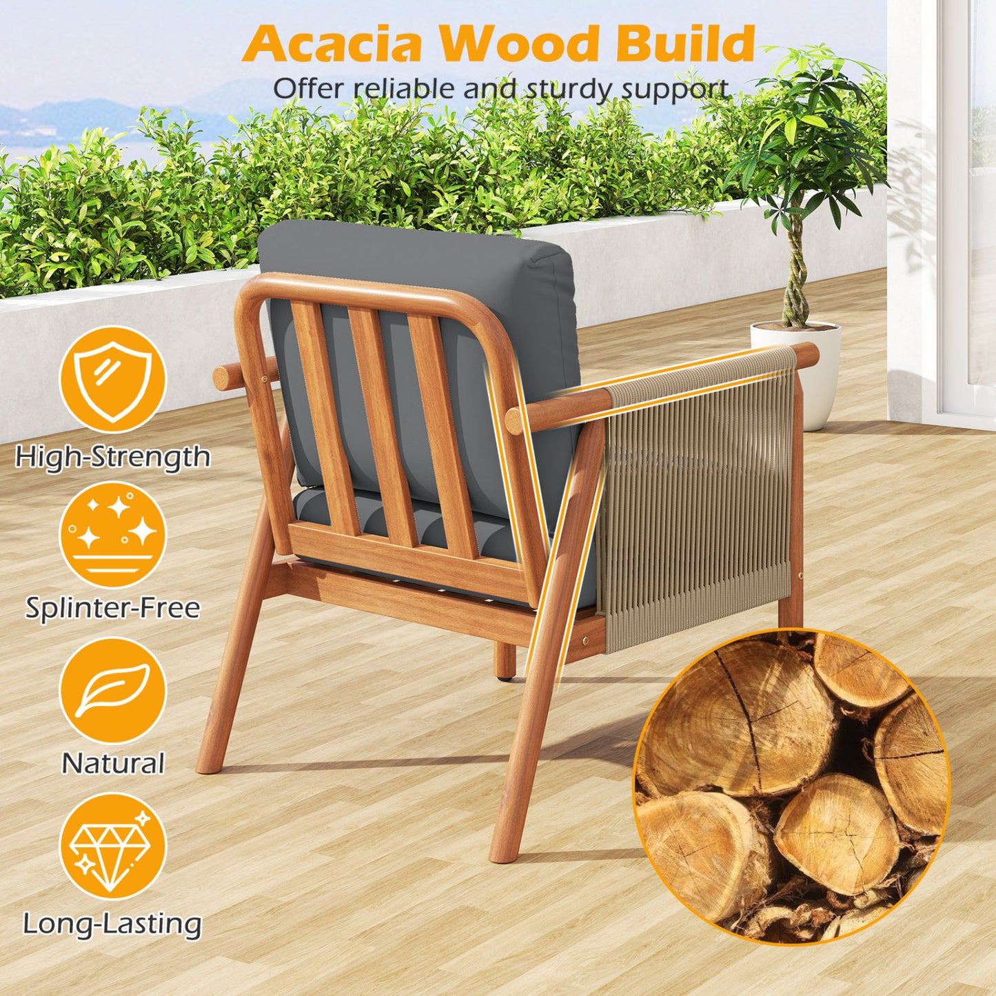 Acacia Wood Patio Chair, Woven Rope Armrests, With Cushions, Gray Patio Dining Chairs at Gallery Canada