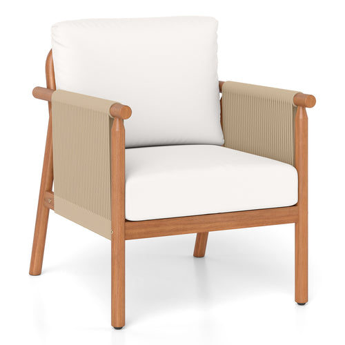 Acacia Wood Patio Chair, Woven Rope Armrests, Seat Back Cushions, White