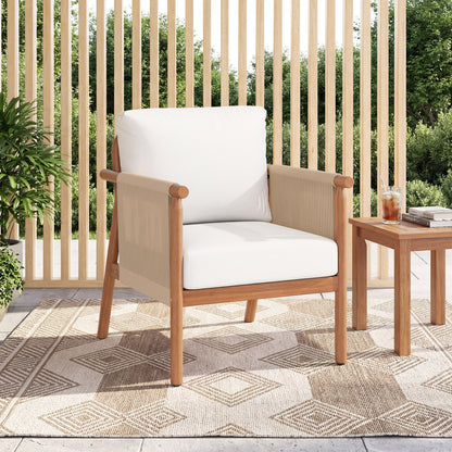 Acacia Wood Patio Chair, Woven Rope Armrests, Seat Back Cushions, White Patio Dining Chairs at Gallery Canada
