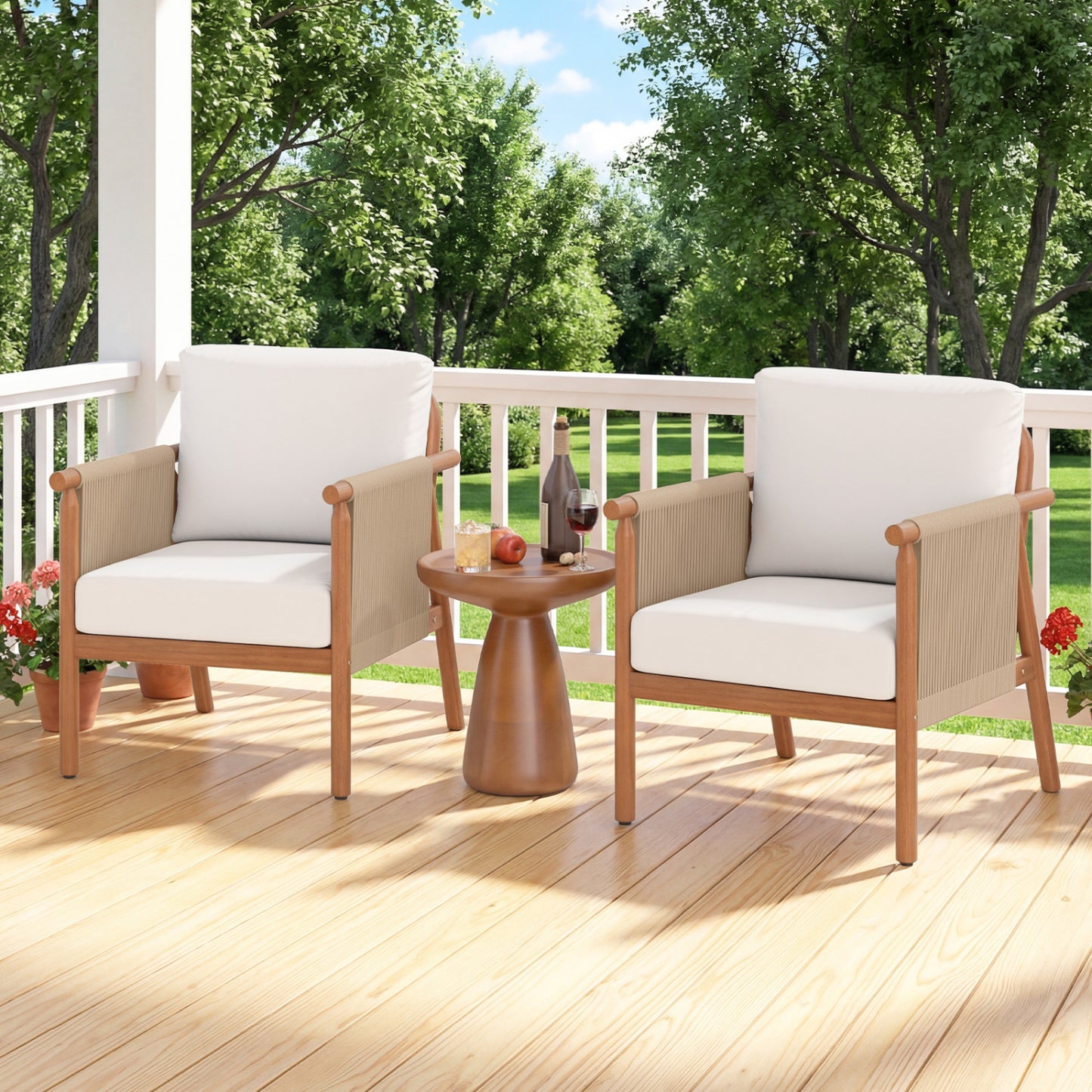 Acacia Wood Patio Chair, Woven Rope Armrests, Seat Back Cushions, White Patio Dining Chairs at Gallery Canada