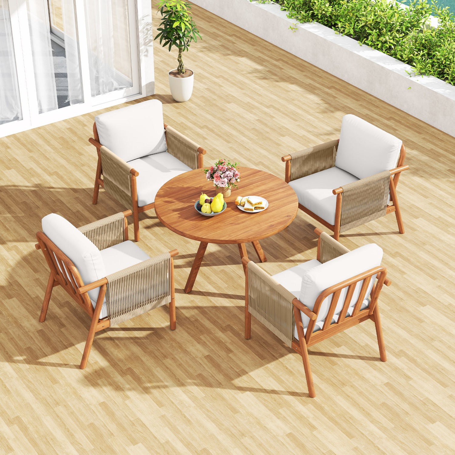 Acacia Wood Patio Chair, Woven Rope Armrests, Seat Back Cushions, White Patio Dining Chairs at Gallery Canada