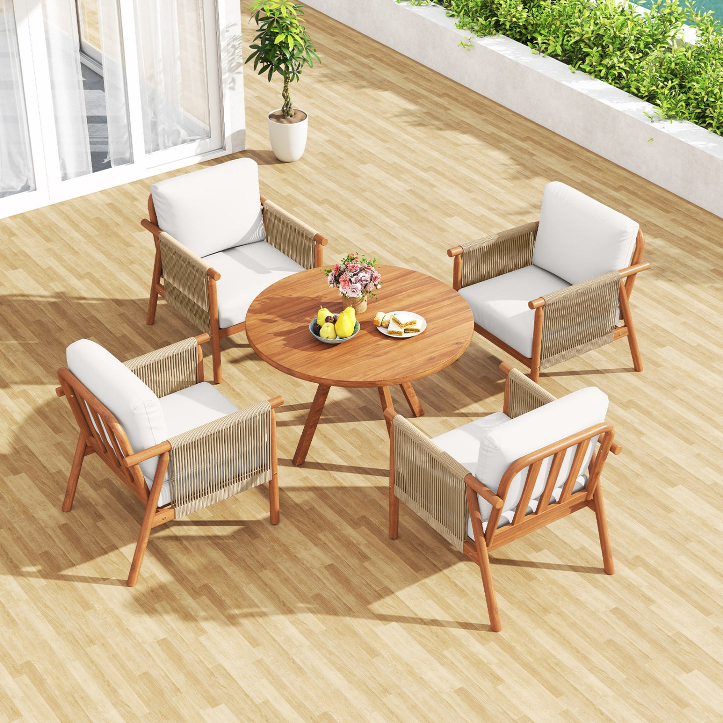 Acacia Wood Patio Chair, Woven Rope Armrests, Seat Back Cushions, White Patio Dining Chairs at Gallery Canada