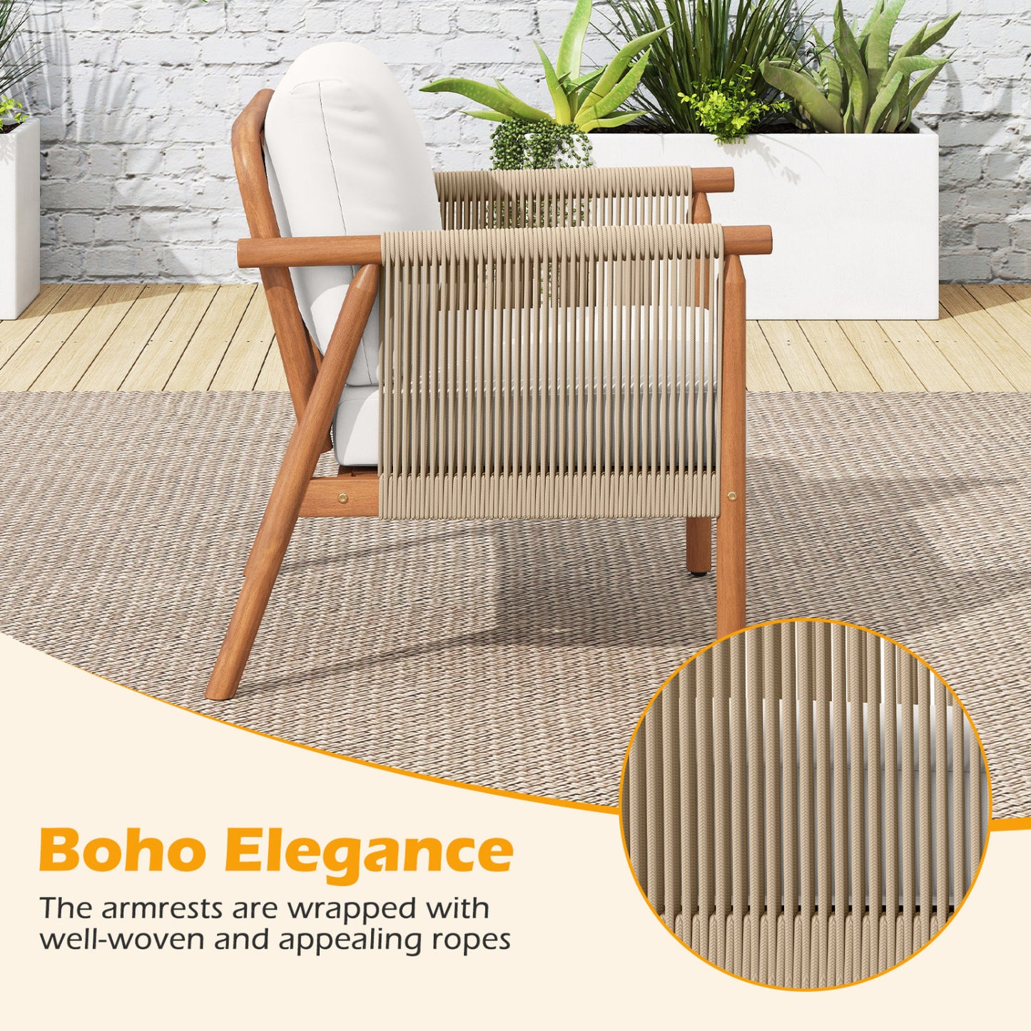 Acacia Wood Patio Chair, Woven Rope Armrests, Seat Back Cushions, White Patio Dining Chairs at Gallery Canada