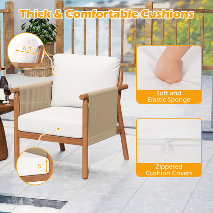 Acacia Wood Patio Chair, Woven Rope Armrests, Seat Back Cushions, White Patio Dining Chairs at Gallery Canada