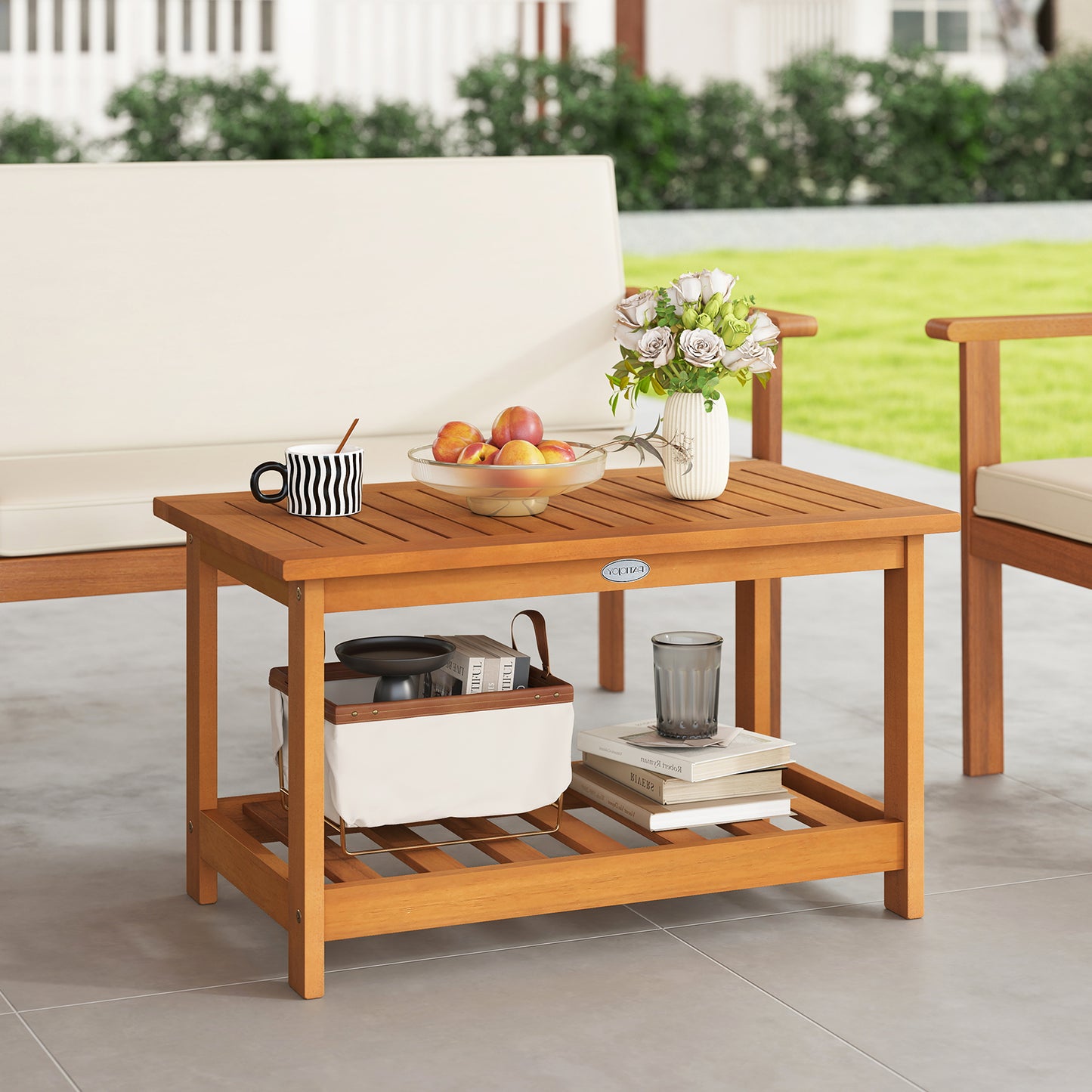 Patio Acacia Wood Coffee Table 2-Tier Rectangular Center Table, Natural Patio Coffee Tables at Gallery Canada