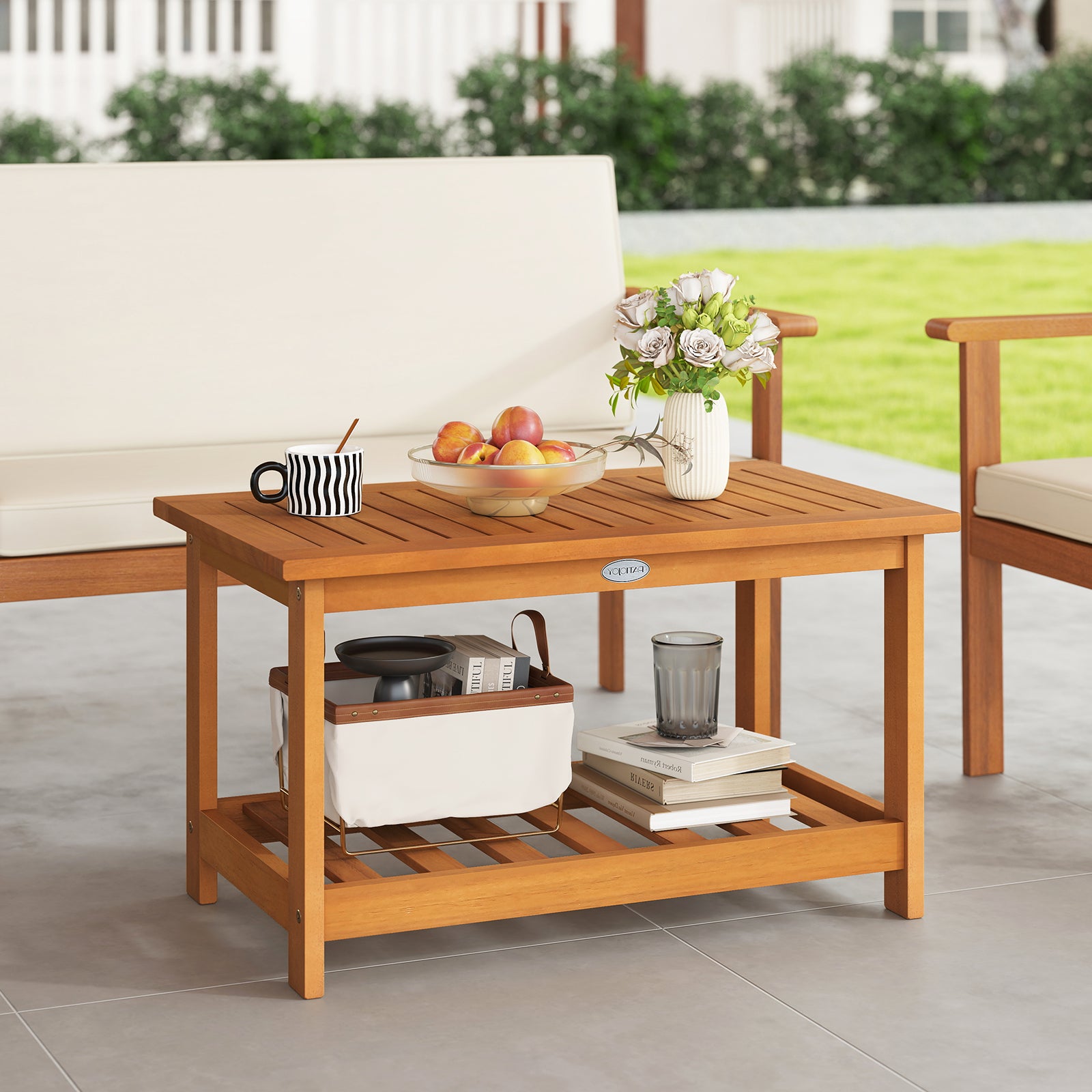 Patio Acacia Wood Coffee Table 2-Tier Rectangular Center Table, Natural Patio Coffee Tables at Gallery Canada