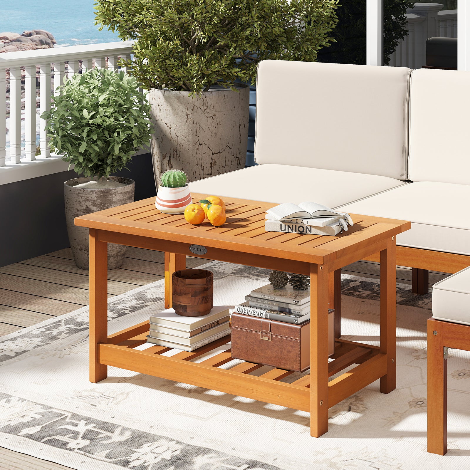 Patio Acacia Wood Coffee Table 2-Tier Rectangular Center Table, Natural Patio Coffee Tables at Gallery Canada