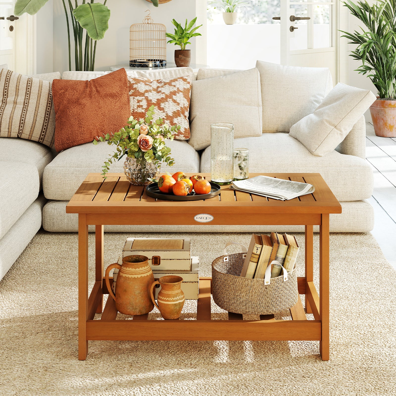 Patio Acacia Wood Coffee Table 2-Tier Rectangular Center Table, Natural Patio Coffee Tables at Gallery Canada