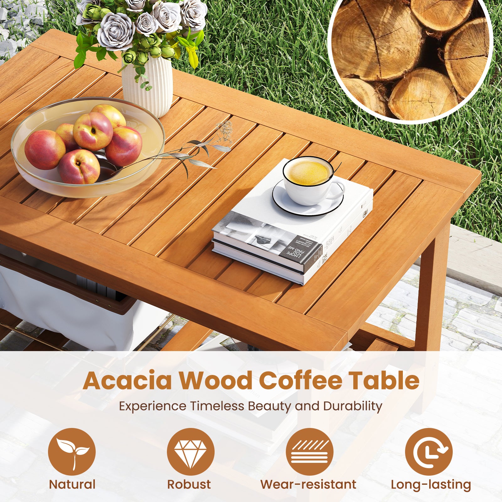 Patio Acacia Wood Coffee Table 2-Tier Rectangular Center Table, Natural Patio Coffee Tables at Gallery Canada