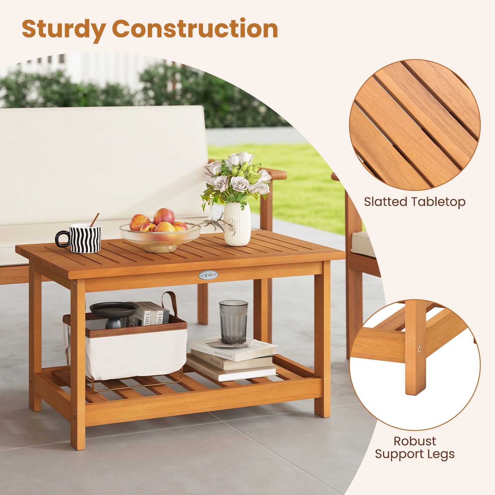 Patio Acacia Wood Coffee Table 2-Tier Rectangular Center Table, Natural Patio Coffee Tables at Gallery Canada