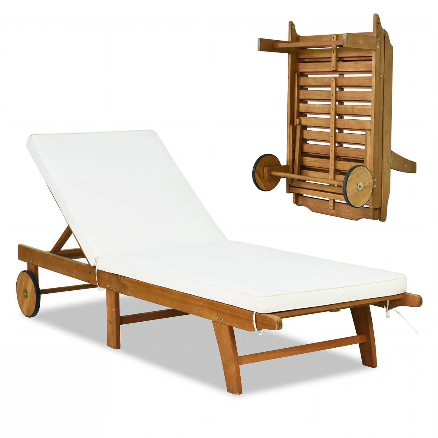 Acacia Wood Lounge Chair Chaise Recliner, Natural, White Outdoor Chaise Lounges at Gallery Canada