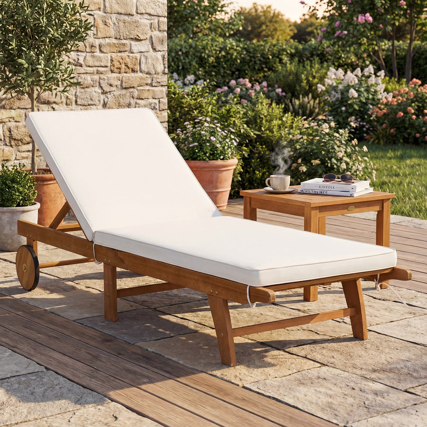 Acacia Wood Lounge Chair Chaise Recliner, Natural, White Outdoor Chaise Lounges at Gallery Canada
