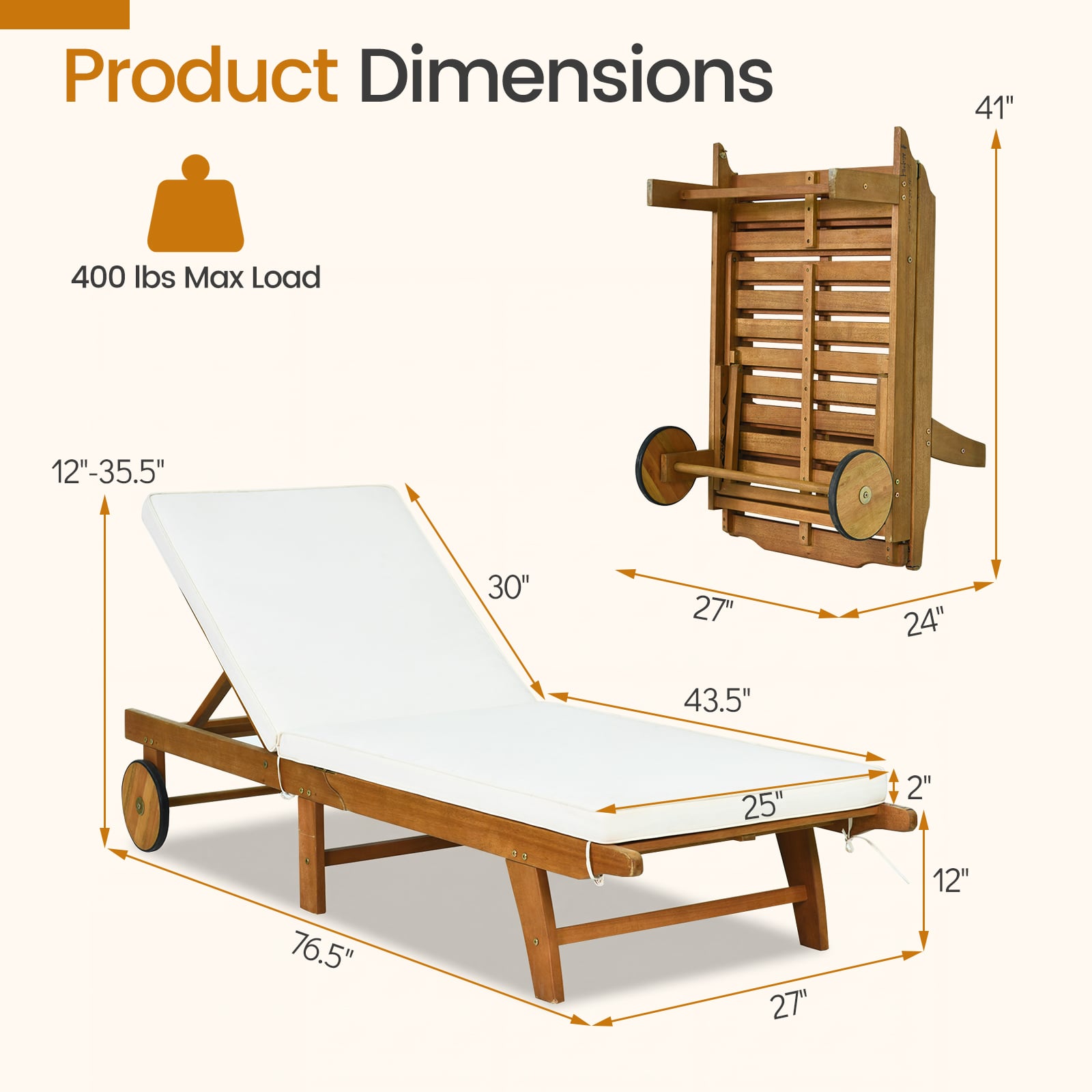 Acacia Wood Lounge Chair Chaise Recliner, Natural, White Outdoor Chaise Lounges at Gallery Canada