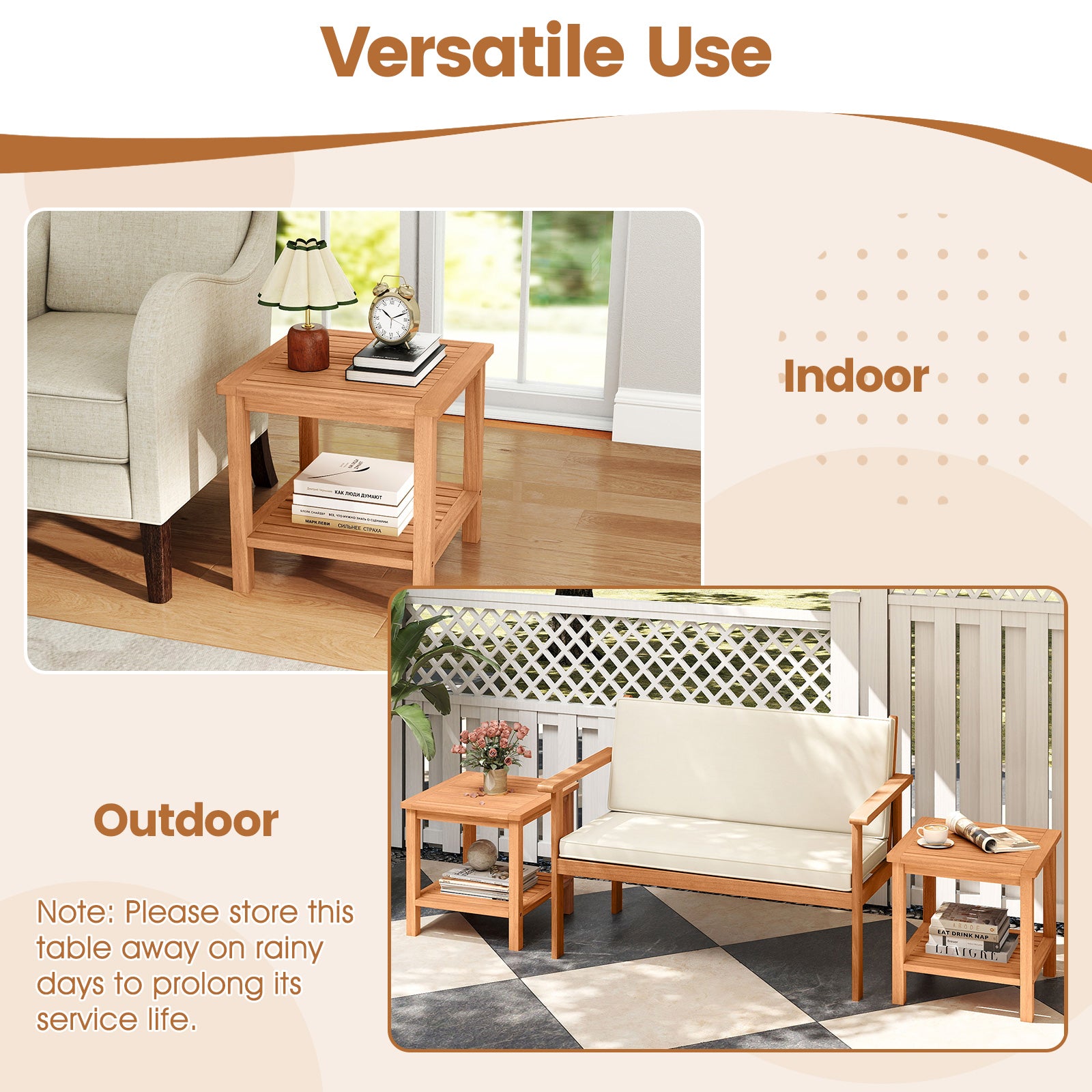 Patio Acacia Wood Side Table with Slatted Tabletop and Storage Shelf End & Side Tables at Gallery Canada