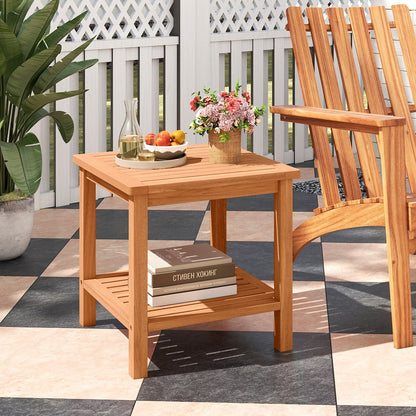 Patio Acacia Wood Side Table with Slatted Tabletop and Storage Shelf End & Side Tables at Gallery Canada