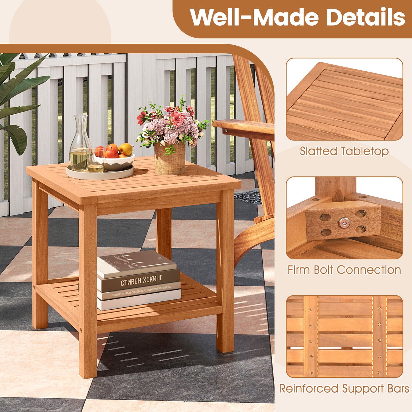 Patio Acacia Wood Side Table with Slatted Tabletop and Storage Shelf End & Side Tables at Gallery Canada