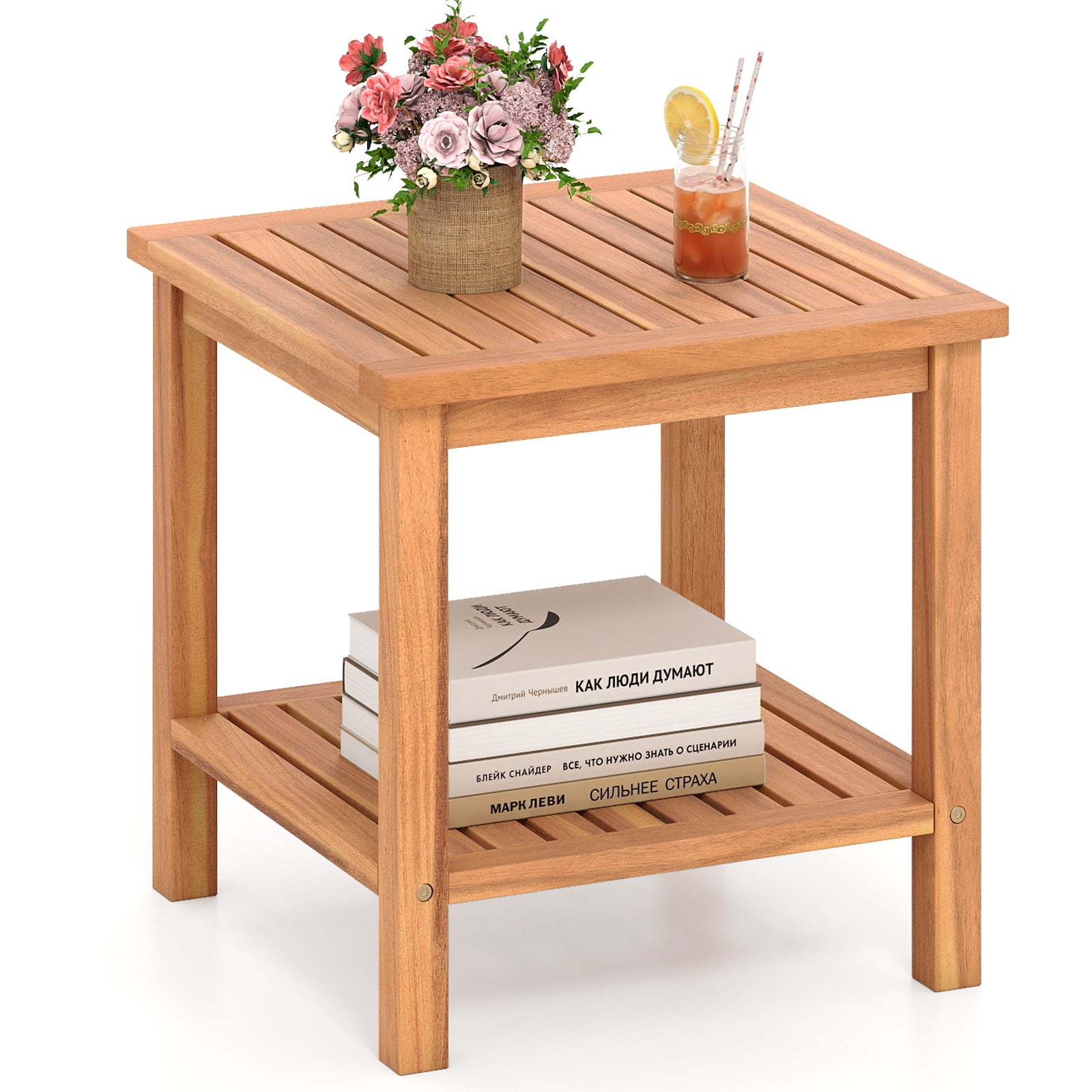 Patio Acacia Wood Side Table Set of 2 with Slatted Tabletop and Storage Shelf End & Side Tables at Gallery Canada
