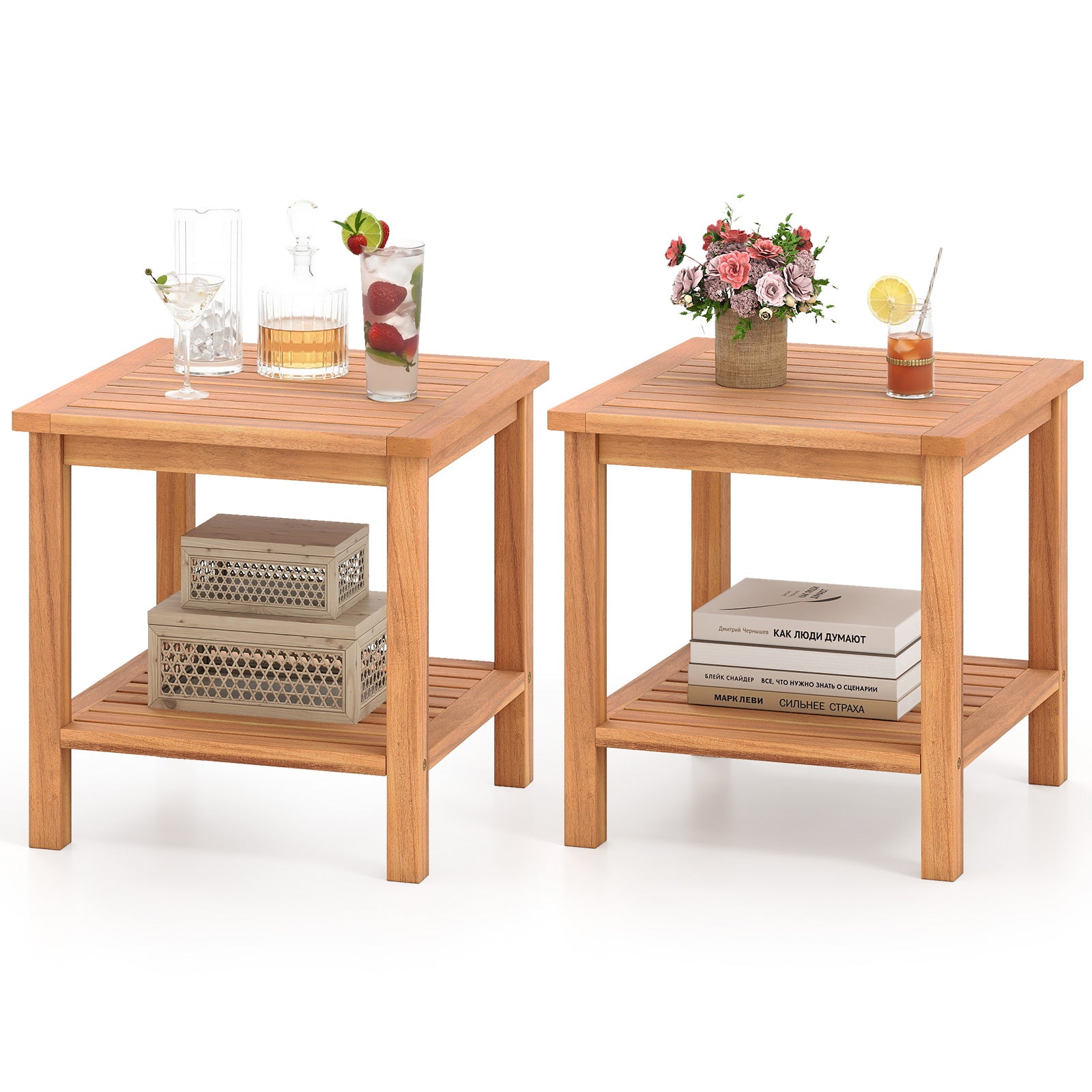 Patio Acacia Wood Side Table Set of 2 with Slatted Tabletop and Storage Shelf End & Side Tables at Gallery Canada
