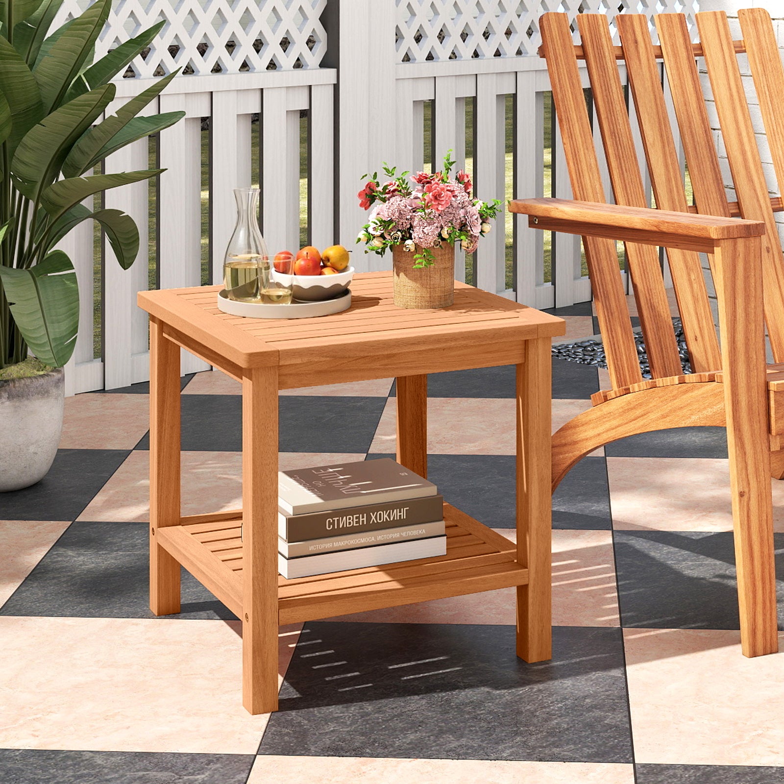 Patio Acacia Wood Side Table Set of 2 with Slatted Tabletop and Storage Shelf End & Side Tables at Gallery Canada