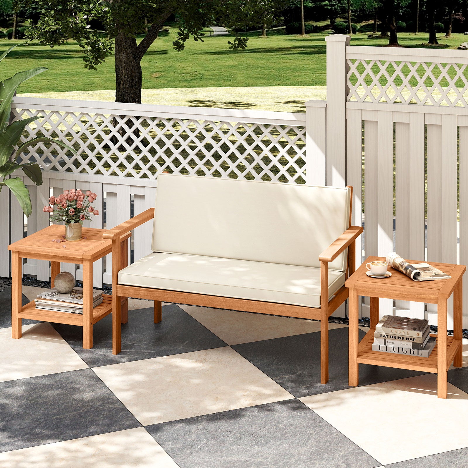 Patio Acacia Wood Side Table Set of 2 with Slatted Tabletop and Storage Shelf End & Side Tables at Gallery Canada