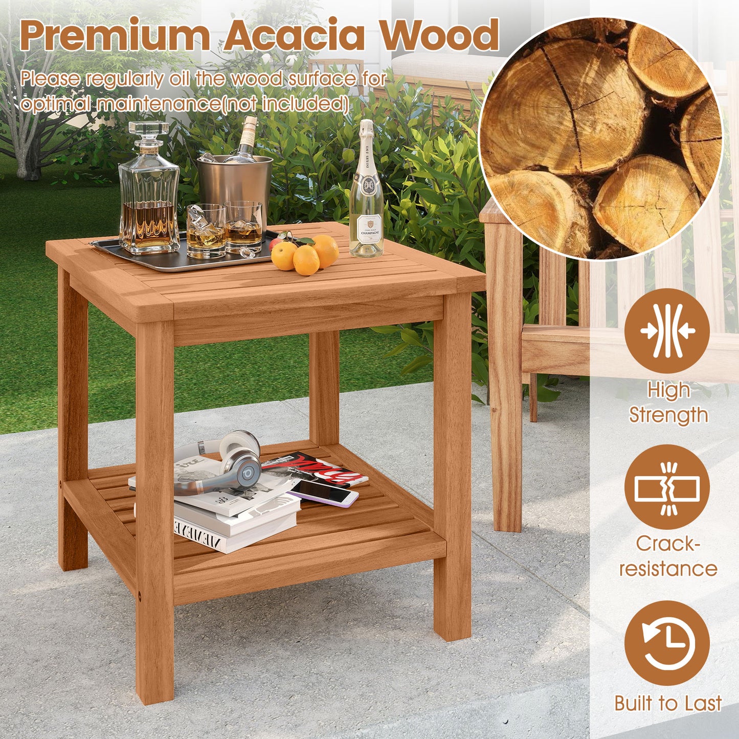 Patio Acacia Wood Side Table Set of 2 with Slatted Tabletop and Storage Shelf End & Side Tables at Gallery Canada