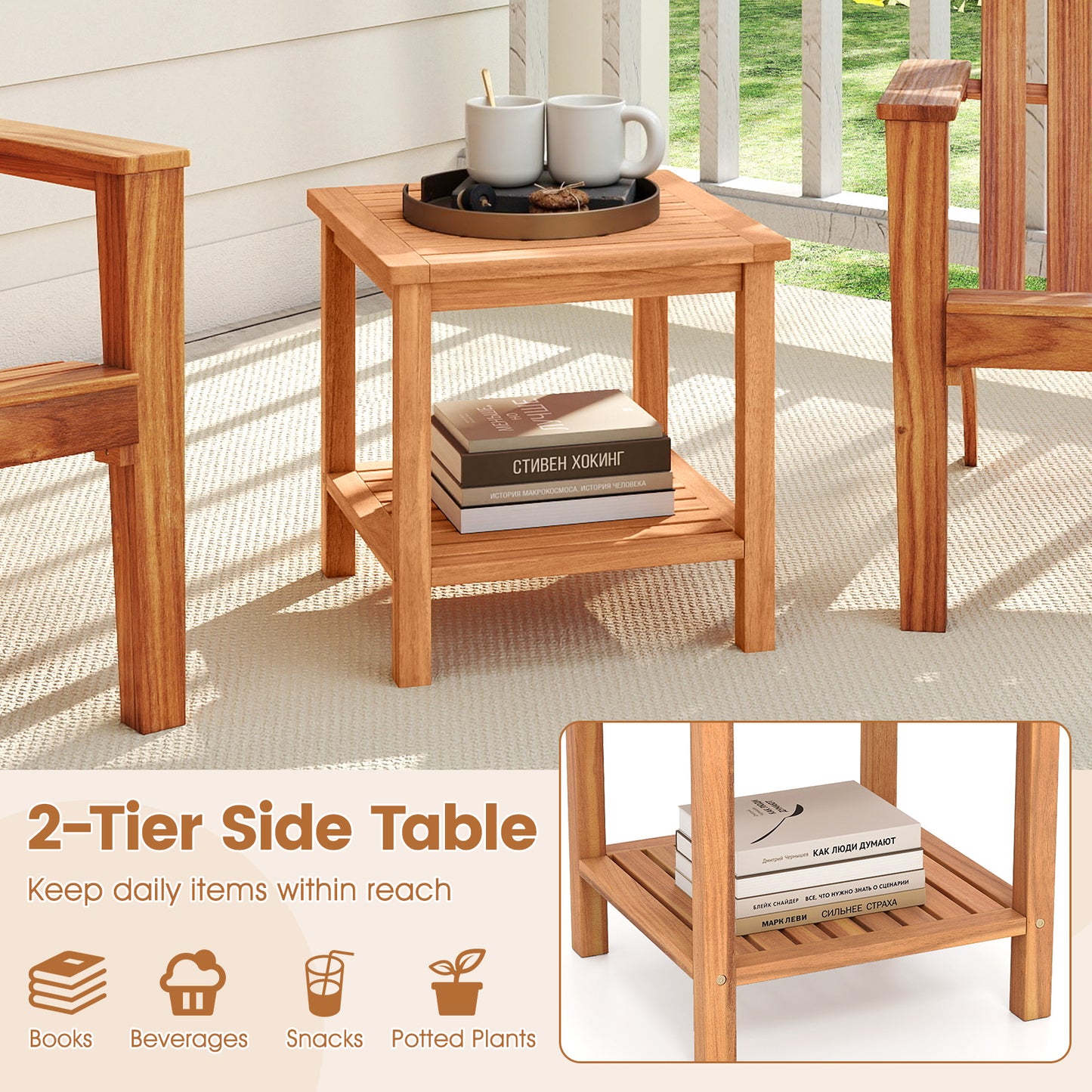 Patio Acacia Wood Side Table Set of 2 with Slatted Tabletop and Storage Shelf End & Side Tables at Gallery Canada
