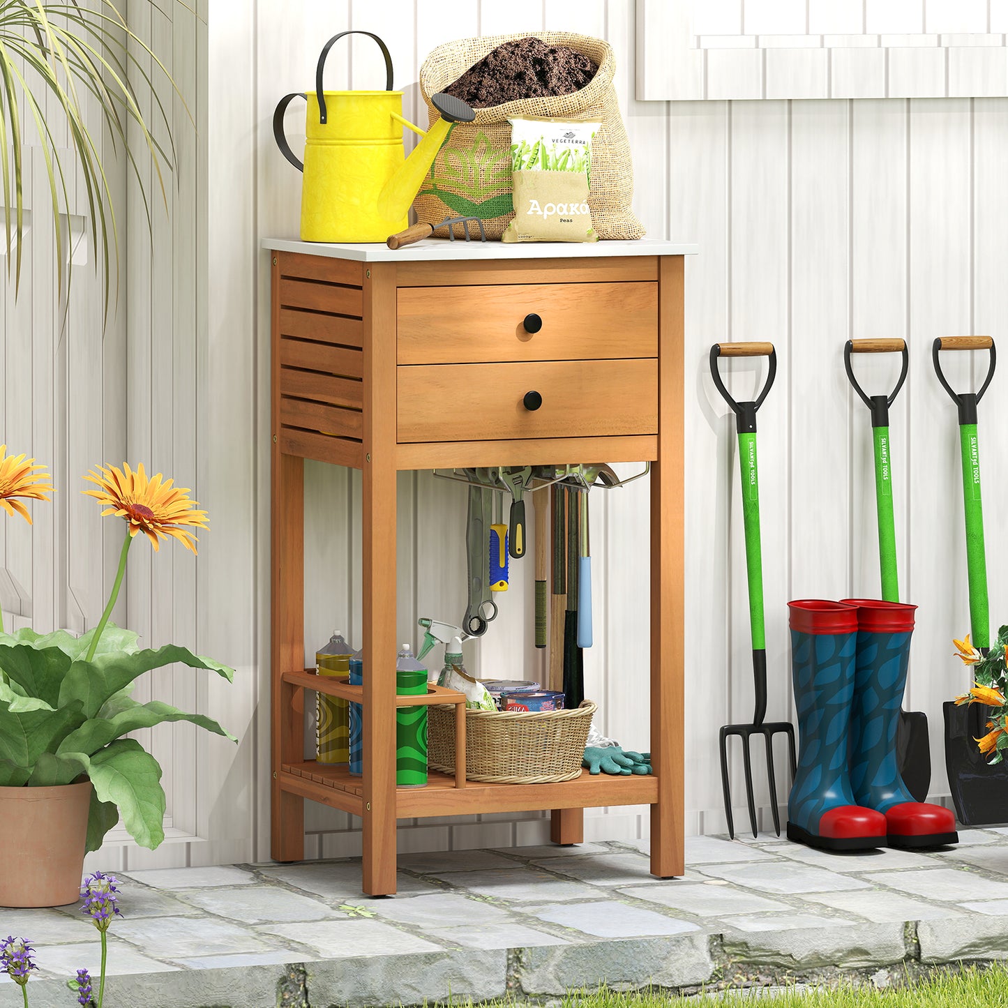 Patio Acacia Wood Storage Cabinet Patio Buffet Cabinet Bar Table with Faux Marble Countertop Outdoor & Patio Furniture at Gallery Canada