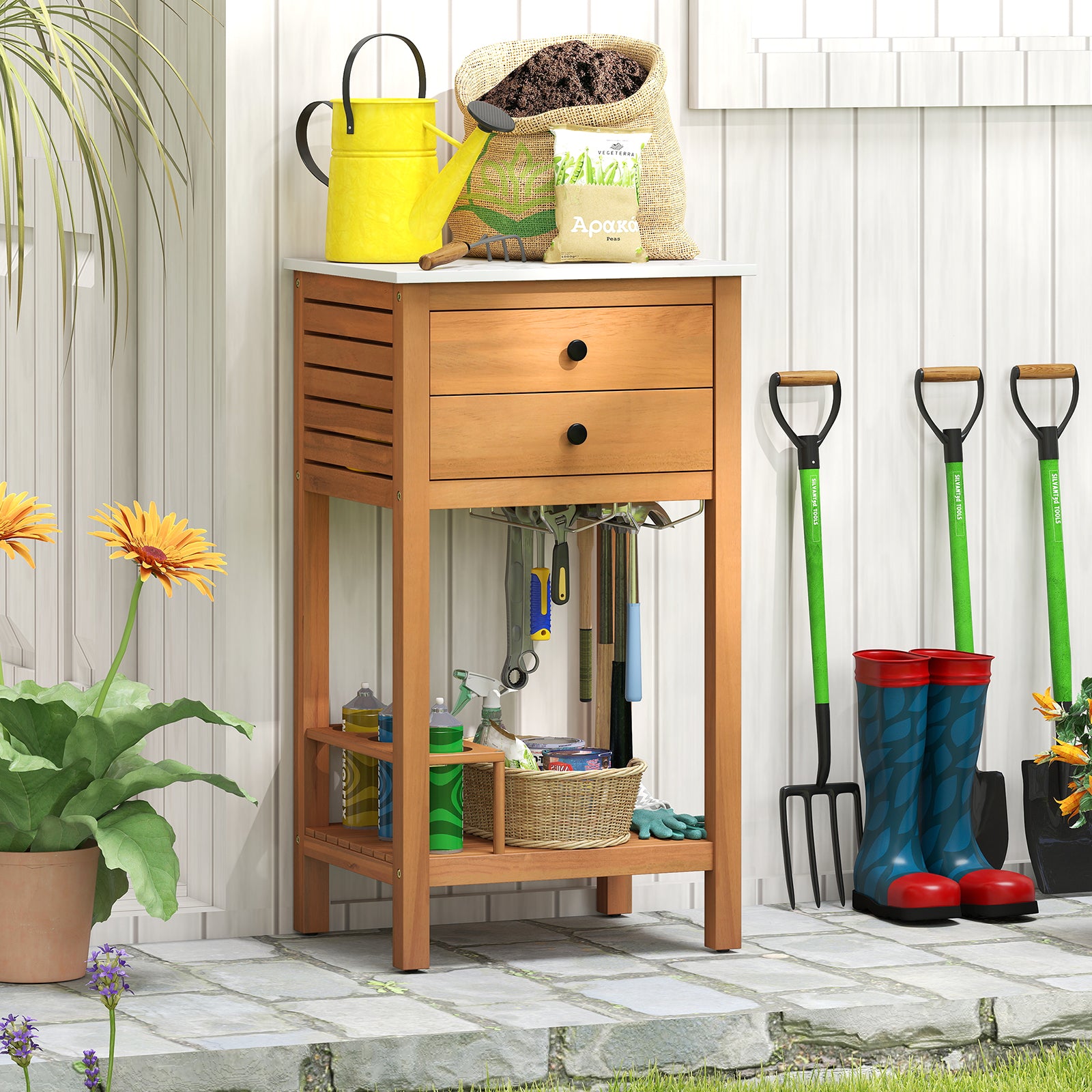 Patio Acacia Wood Storage Cabinet Patio Buffet Cabinet Bar Table with Faux Marble Countertop Outdoor & Patio Furniture at Gallery Canada